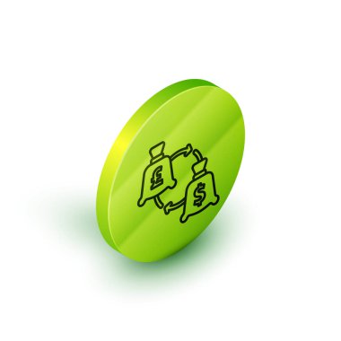 Isometric satır döviz takas simgesi beyaz arkaplan izole. Euro ve Dolar para transferi sembolü. Bankacılık işareti. Yeşil daire düğmesi. Vektör.