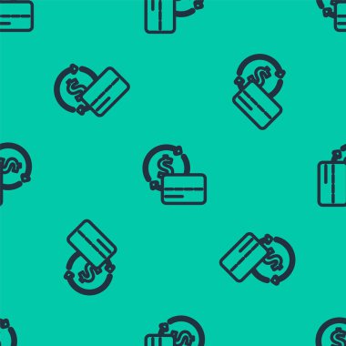 Mavi çizgi kredi kartı simgesi yeşil arka planda kusursuz desen izole etti. Çevrimiçi ödeme. Nakit çekilmesi. Finansal operasyonlar. Alışveriş tabelası. Vektör.