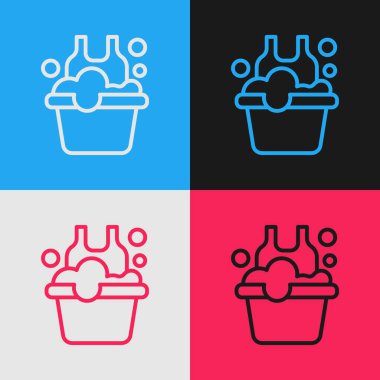 Pop sanat eseri plastik leğen sabun köpüğü ikonu renkli arkaplanda izole edilmiş. Sulu kase. Çamaşır yıkama, temizlik malzemeleri. Vektör.