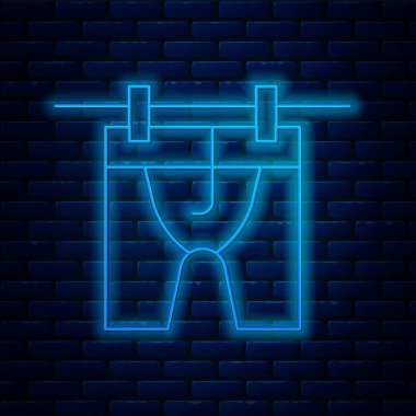 Parlak neon çizgisi. Duvarın arkasında giysileri kurutma simgesi izole edilmiş. Temiz gömlek. Çamaşırları çamaşır mandallarıyla iple yıka. Kıyafet bakımı ve düzenlilik. Vektör.