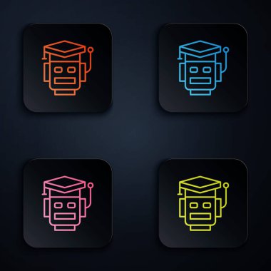 Renkli neon çizgisi robot simgesi siyah arkaplanda izole edildi. Yapay zeka, makine öğrenme, bulut hesaplama. Kare düğmelere simgeleri yerleştir. Vektör.