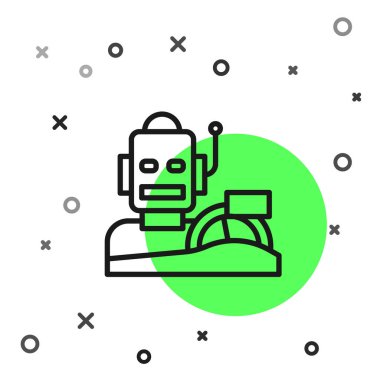 Siyah çizgili robot insansı robot beyaz arka planda izole edilmiş bir araba ikonu kullanıyor. Yapay zeka, makine öğrenme, bulut hesaplama. Vektör.