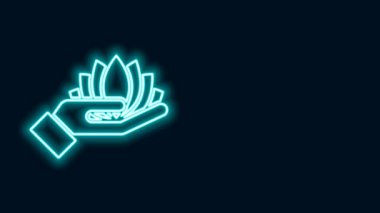Parlayan neon çizgisi Lotus çiçeği simgesi siyah arkaplanda izole edildi. 4K Video hareketli grafik canlandırması