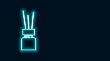 Parlayan neon hattı Aroma dağıtıcı simgesi siyah arkaplanda izole edildi. Cam kavanoz, ahşap aroma çubuklarıyla farklı. 4K Video hareketli grafik canlandırması