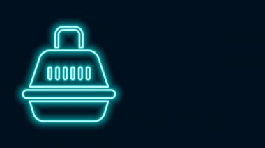 Parlayan neon hattı Pet çanta simgesi siyah arkaplanda izole edildi. Hayvanlar, köpekler ve kediler için taşıyıcı. Hayvanlar için konteynır. Hayvan taşıma kutusu. 4K Video hareketli grafik canlandırması