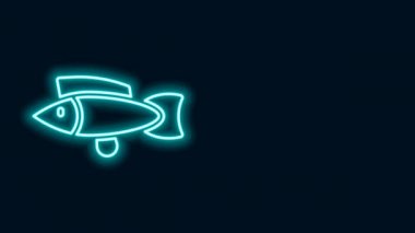 Parlayan neon hattı. Siyah zemin üzerinde balık simgesi izole edildi. 4K Video hareketli grafik canlandırması