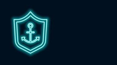 Parlayan neon hattı, kalkan simgesi içindeki Anchor siyah arkaplanda izole edildi. 4K Video hareketli grafik canlandırması