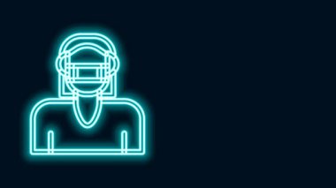 Siyah arka planda izole edilmiş tıbbi koruyucu maske ikonunda parlayan neon çizgili kadın yüzü. Karantinaya alın. 4K Video hareketli grafik canlandırması