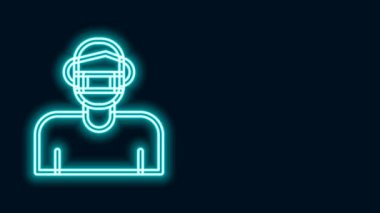 Siyah arka planda izole edilmiş tıbbi koruyucu maske ikonunda parlayan neon çizgili adam yüzü. Karantinaya alın. 4K Video hareketli grafik canlandırması