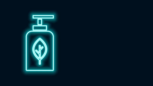 Línea de neón brillante Icono de botella de aceite esencial aislado sobre fondo negro. Esencia de aromaterapia orgánica. Cuidado de la piel suero vaso gota paquete. Animación gráfica de vídeo 4K — Vídeos de Stock