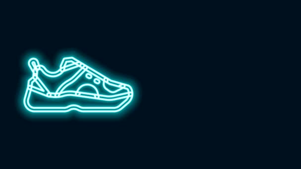 Сяюча неонова лінія Фітнес кросівки взуття для тренувань, піктограма бігу ізольована на чорному тлі. Спортивне взуття. 4K Відео рух графічна анімація — стокове відео