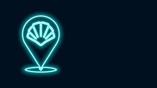 Gloeiende neon lijn Scallop zee shell pictogram geïsoleerd op zwarte achtergrond. Schelpensteken. 4K Video motion grafische animatie — Stockvideo