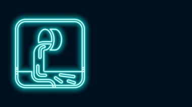 Parlayan neon hattı Atık Su simgesi siyah arkaplanda izole edildi. Kanalizasyon borusu. Borudan nehre sıvı akıyor. 4K Video hareketli grafik canlandırması