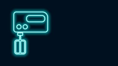 Parlayan neon hattı elektrik karıştırıcı simgesi siyah arkaplanda izole edildi. Mutfak blenderi. 4K Video hareketli grafik canlandırması