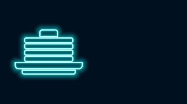 Parlayan neon çizgisi siyah arkaplanda izole edilmiş krep ikonu yığını. Şerbetli ve kirazlı fırın. Kahvaltı konsepti. 4K Video hareketli grafik canlandırması