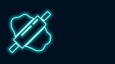Parlak neon çizgisi, siyah arkaplanda izole edilmiş hamur simgesinde yuvarlanan iğne. 4K Video hareketli grafik canlandırması