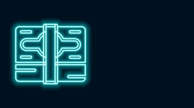 Parlak neon hattı kağıt yığınları para ikonu siyah arka planda izole. Para desteleri. Para birimi. 4K Video hareketli grafik canlandırması