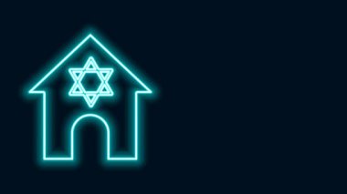 Parlayan neon hattı Yahudi sinagogu binası ya da siyah arka planda izole edilmiş Yahudi tapınak ikonu. David Star 'la İbranice ya da Yahudilik inşaatı. 4K Video hareketli grafik canlandırması