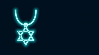 Siyah arka planda izole edilmiş zincir ikonunda parlayan neon çizgisi Davut Yıldızı gerdanlığı. Yahudi dini sembolü. İsrail 'in sembolü. Mücevher ve aksesuar. 4K Video hareketli grafik canlandırması