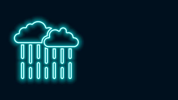 Siyah zemin üzerinde yağmur ikonu olan parlak neon çizgisi. Yağmur damlaları ile yağmur bulutu yağışı. 4K Video hareketli grafik canlandırması — Stok video