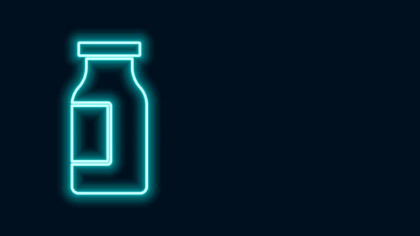 Сяюча неонова лінія Закрита скляна пляшка з іконою молока ізольована на чорному тлі. 4K Відео рух графічна анімація — стокове відео