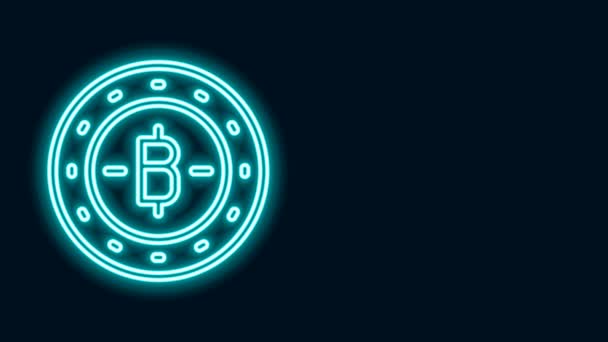 Parlayan neon hattı Kripto para birimi simgesi Bitcoin siyah arka planda izole edildi. Madeni para. Engelleme zinciri tabanlı şifreli para birimi. 4K Video hareketli grafik canlandırması — Stok video