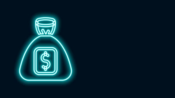 Ragyogó neon vonal Pénzeszsák ikon elszigetelt fekete háttér. Dollár vagy USD szimbólum. Készpénz Banking pénznem jel. 4K Videó mozgás grafikus animáció — Stock videók