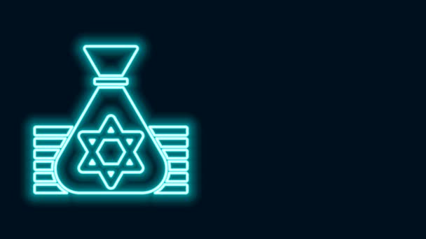 Saco de dinheiro judeu de linha de néon brilhante com estrela do ícone de David isolado no fundo preto. Símbolo da moeda. Animação gráfica em movimento de vídeo 4K — Vídeo de Stock