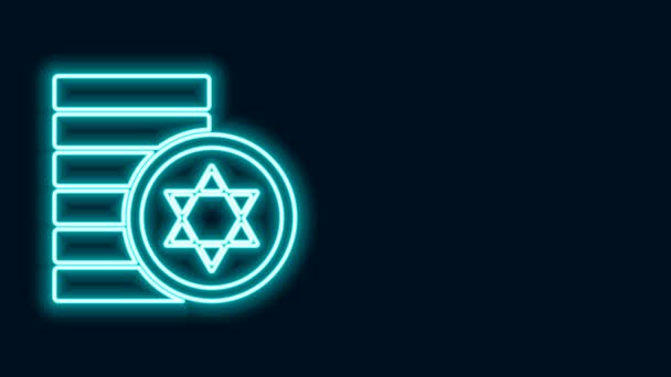 Parlayan neon hattı Yahudi madeni para simgesi siyah arka planda izole edildi. Para birimi sembolü. 4K Video hareketli grafik canlandırması — Stok video