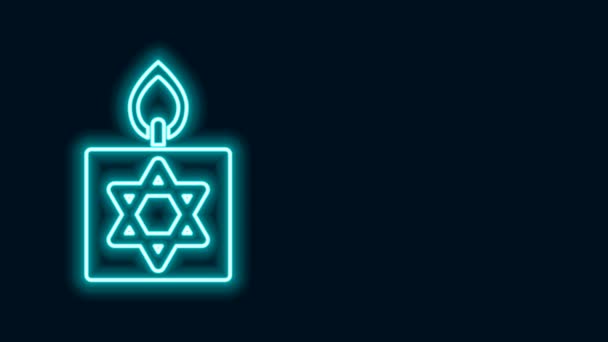 Glowing neon line Burning candle in candlestick with star of david icon isolated on black background. Cylindrical candle stick with burning flame. 4K Video motion graphic animation — Stock Video