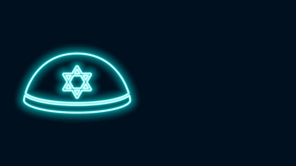 Linea al neon incandescente kippah ebraico con stella di icona david isolata su sfondo nero. Cappello ebreo in yarmulke. Animazione grafica 4K Video motion — Video Stock