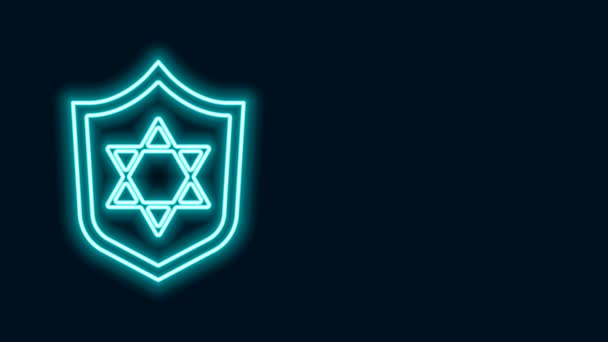 Brillante escudo de línea de neón con estrella de David icono aislado sobre fondo negro. Símbolo religioso judío. Símbolo de Israel. Animación gráfica de vídeo 4K — Vídeo de stock