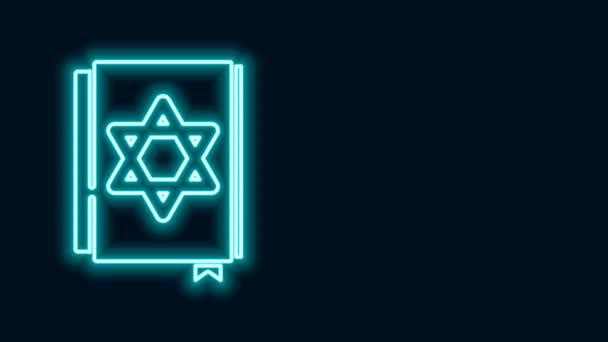 Светящаяся неоновая линия икона еврейской Торы выделена на черном фоне. Пятикнижие Моисея. На обложке Библии изображена Звезда Давида. Видеографическая анимация 4K — стоковое видео