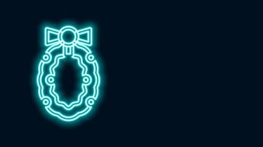 Parlayan neon çizgisi Noel çelengi simgesi siyah arka planda izole edildi. Mutlu Noeller ve mutlu yıllar. 4K Video hareketli grafik canlandırması