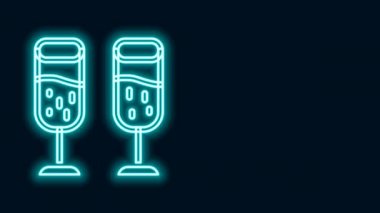 Parlayan neon hattı. Siyah arka planda izole edilmiş şampanya ikonu. Mutlu Noeller ve mutlu yıllar. 4K Video hareketli grafik canlandırması