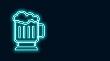 Parlayan neon hattı, siyah arka planda izole edilmiş tahta bardak ikonu. 4K Video hareketli grafik canlandırması