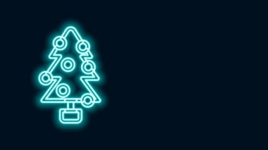 Siyah arka planda izole edilmiş dekorasyon simgesi olan parlak neon çizgili Noel ağacı. Mutlu Noeller ve mutlu yıllar. 4K Video hareketli grafik canlandırması