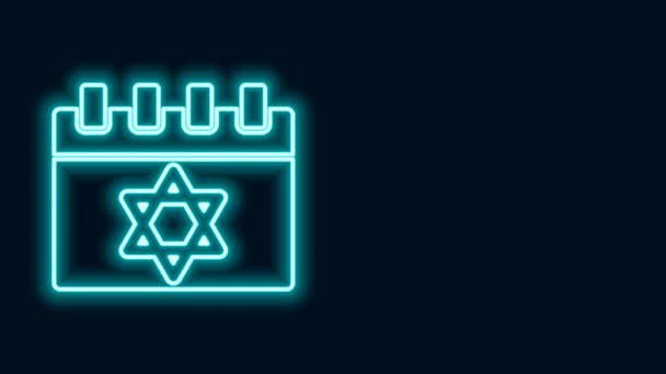 Brillante línea de neón calendario judío con estrella de David icono aislado sobre fondo negro. Hanukkah día calendario. Animación gráfica de vídeo 4K — Vídeos de Stock