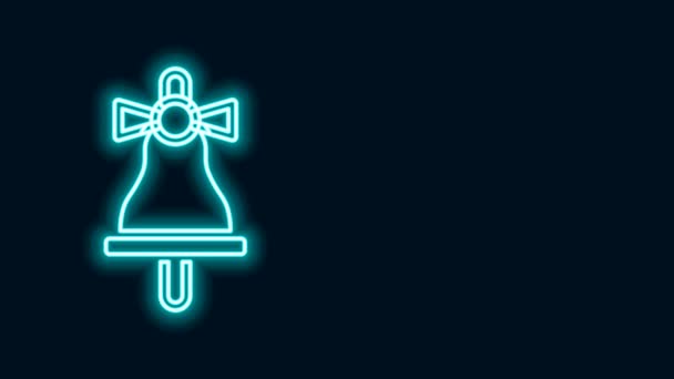 Linea fluorescente al neon Merry Christmas icona campana suonante isolata su sfondo nero. Simbolo di allarme, campanello di servizio, segnale di campanello, notifica. Animazione grafica 4K Video motion — Video Stock