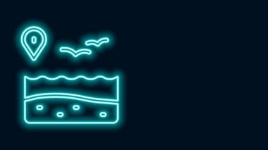 Siyah arka planda izole plaj ikonu olan parlak neon hattı konumu. Tropik plaj manzarası. Güneşli bir gün. 4K Video hareketli grafik canlandırması