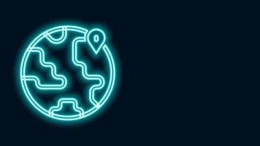 Dünya simgesinde parlayan neon hattı konumu siyah arkaplanda izole edildi. Dünya ya da Dünya işareti. 4K Video hareketli grafik canlandırması