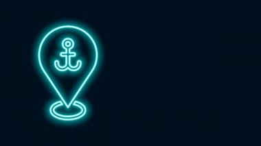 Siyah arkaplanda izole edilmiş çapa simgesiyle parlayan neon çizgi haritası işaretçisi. 4K Video hareketli grafik canlandırması