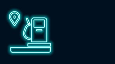Parlayan neon hattı konumu ve benzin istasyonu simgesi siyah arkaplanda izole edildi. Araba yakıtı sembolü. Benzin pompası. 4K Video hareketli grafik canlandırması