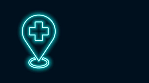 Ligne lumineuse néon Pointeur de carte médicale avec icône de l'hôpital transversale isolée sur fond noir. Animation graphique de mouvement vidéo 4K — Video