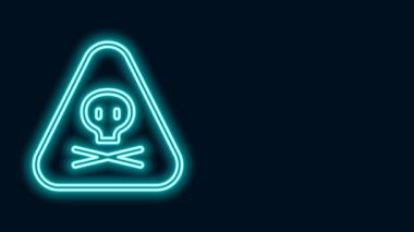 Parlayan neon hattı üçgeni uyarı zehirli ikonu siyah arkaplanda izole edildi. 4K Video hareketli grafik canlandırması