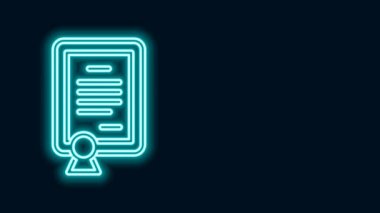 Parlayan neon hattı sertifika şablonu simgesi siyah arkaplanda izole edildi. Başarı, ödül, diploma, burs, diploma kavramları. 4K Video hareketli grafik canlandırması