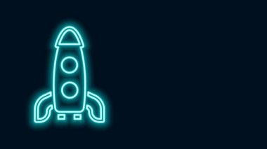 Parlayan neon hattı Roket gemisi simgesi siyah arkaplanda izole edildi. Uzay yolculuğu. 4K Video hareketli grafik canlandırması