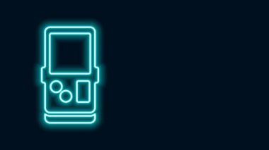 Parlayan neon hattı taşınabilir tetris elektronik oyun ikonu siyah arkaplanda izole edildi. Klasik bir cep tuğlası oyunu. Etkileşimli oyun aygıtı. 4K Video hareketli grafik canlandırması