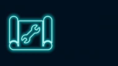Mühendislik ve ingiliz anahtarı simgesi için parlayan neon çizgileri siyah arkaplanda izole edilmiş. 4K Video hareketli grafik canlandırması