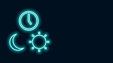 Gece gündüz parlayan neon çizgisinde zaman simgesi siyah arka planda izole edilmiş. 4K Video hareketli grafik canlandırması